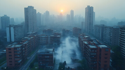 A hazy sunrise illuminates a dense cityscape, with tall buildings and low-rise structures shrouded in atmospheric mist.  Smoke or fog drifts through the streets