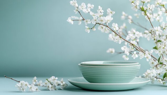 Elegant pastel-colored tableware with delicate cherry blossoms - Powered by Adobe