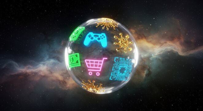 Glowing icons inside a bubble with a dark space background.