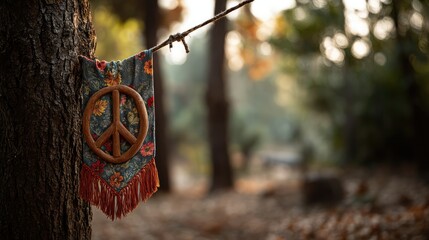 Wooden Peace Symbol Banner: Autumnal Forest Serenity