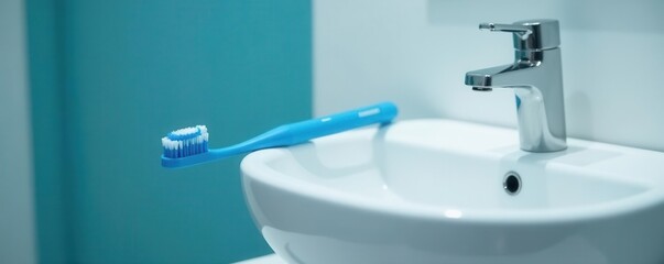 New blue toothbrush sits on pristine white sink, morning, teeth