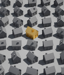 Group of toy houses with one golden toy house in the middle - Real estate market - 3D illustration.