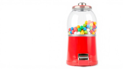 A classic machine with chewing balls in a glass flask on a white background. A red metal case in a vintage style. A bright, nostalgic detail of the interior or store.