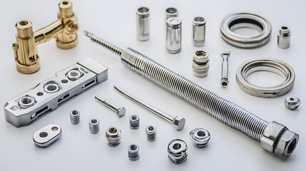 Assorted metallic components and parts on a white surface.