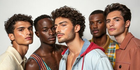 Obraz premium Diverse group of handsome men showcasing natural glowing skin in a stylish studio environment