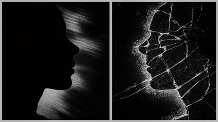 Cracked glass silhouettes, hand drawn with a grungy texture, comprise damage and imperfection