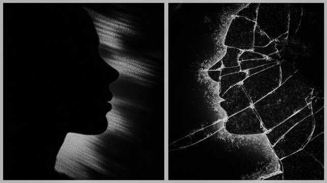 Cracked glass silhouettes, hand drawn with a grungy texture, comprise damage and imperfection