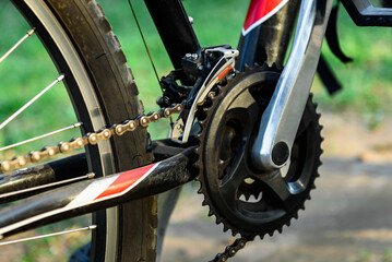 Close up of mountain bike sprockets and chain.