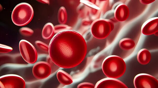 Red blood cells are moving rapidly through the bloodstream, appearing vibrant against the contrasting blurred background, displaying their essential role in circulation.