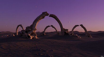 Fototapeta premium Arches of Bone Remnants in Sandy Landscape During Twilight