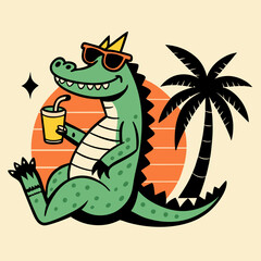 Vintage Playful Crocodile on Beach with Tropical Drink