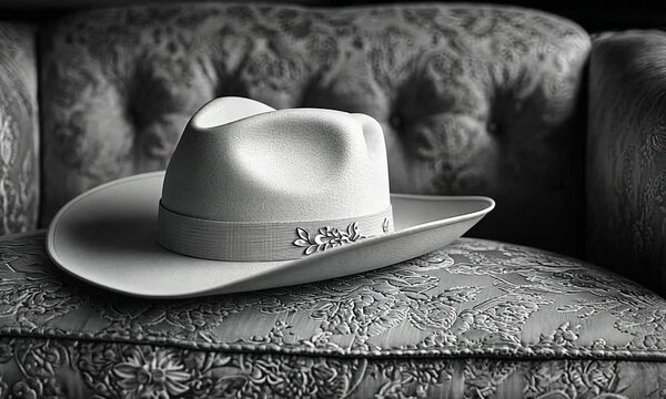 A stylish gray cowboy hat resting elegantly on a vintage upholstered couch, showcasing intricate patterns
