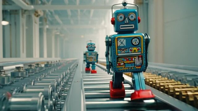 A wind-up toy robot walking endlessly on a conveyor belt of bright gearsCamera Slight dolly in with up-down camera bounce 