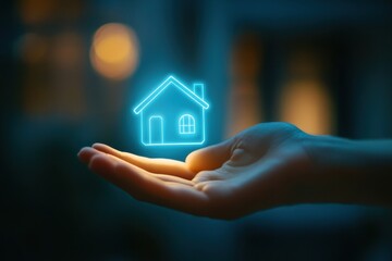 Hand reaches out to glowing house symbolizing home and warmth in a digital era, Hand reaching out to glowing house icon, representing real estate, home ownership, and family