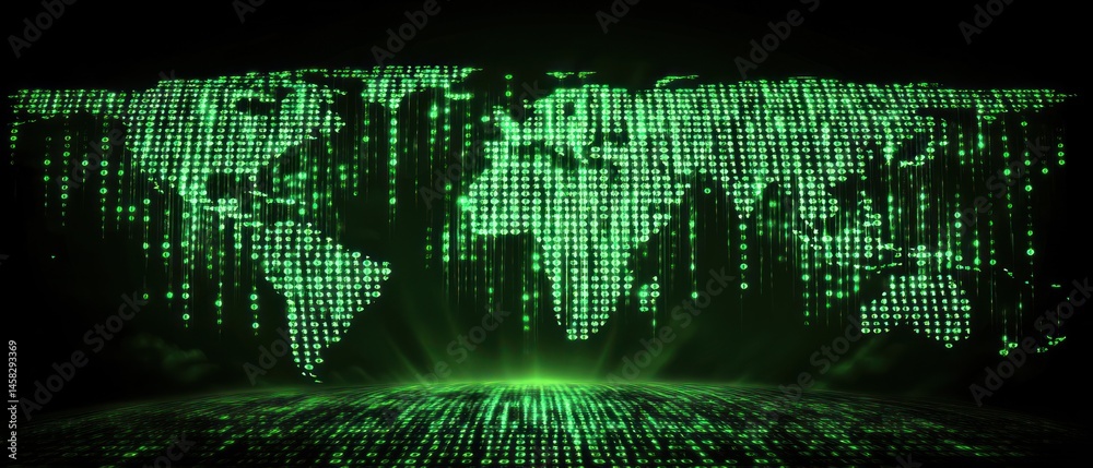 Poster global network digital world map green binary code stream