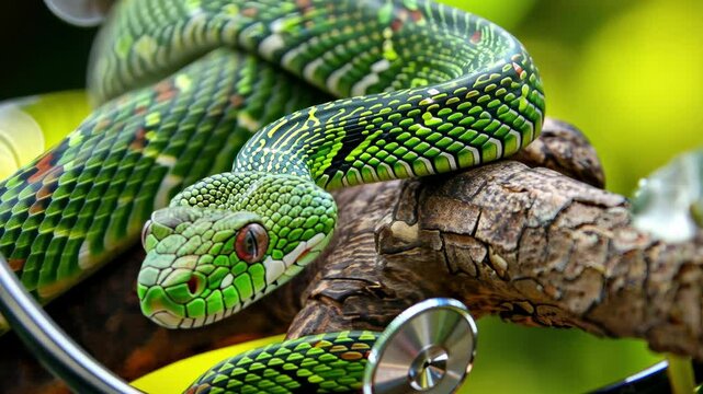 A vibrant green tree python is comfortably curled around a branch, incorporating a stethoscope as it blends with the tropical foliage and warm atmosphere nearby.