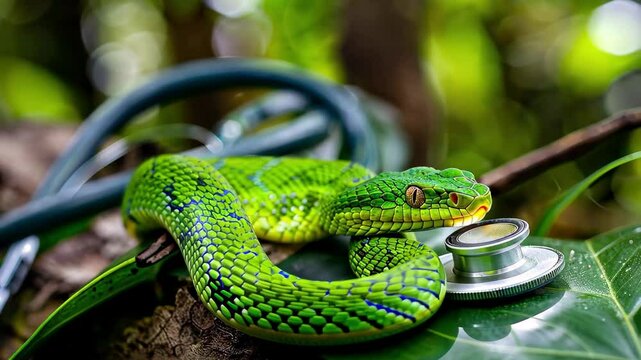 A green tree python is coiled around a stethoscope amidst vibrant leaves in a tropical rainforest, showcasing the intersection of nature and health.