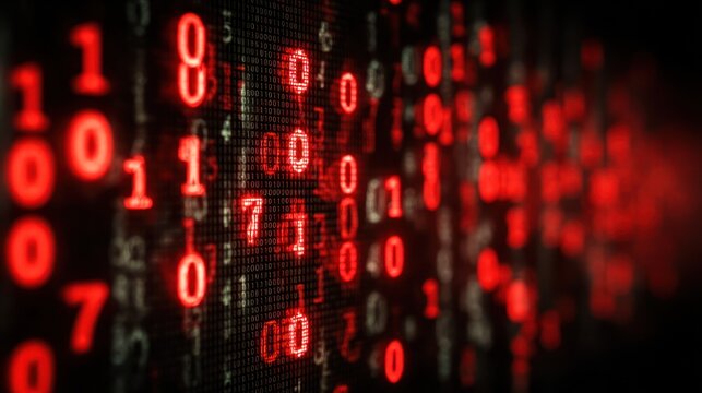 Red digital code sequence on a screen.  A chaotic array of binary numbers