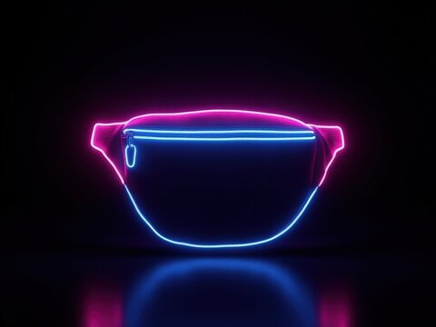 Neon-outlined fanny pack with blue and pink glow in dark background.