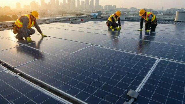 Workers installing solar panels on a rooftop at sunset, with a city skyline in the background