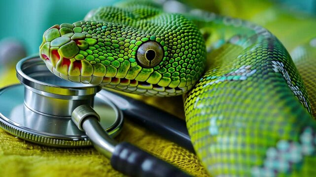 A green python is comfortably coiled around a stethoscope, resting on a vibrant fabric in a veterinary environment, showcasing the bond between animals and veterinary care.