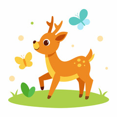 Cartoon Deer Playing with Butterflies in Sunny Meadow