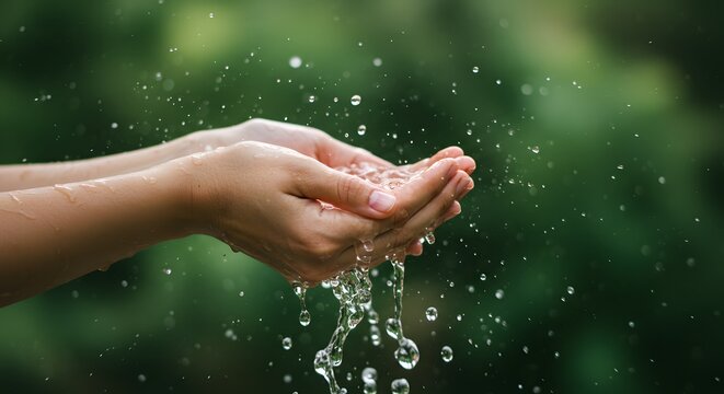 Pure Water Flowing Through Cupped Hands in Nature's Embrace