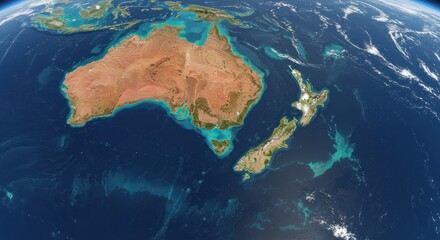 Satellite view of Australia and New Zealand with surrounding ocean and cloud cover.