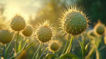 Obraz premium Golden Hour Spiky Flowers: A Stunning Sunset Bloom