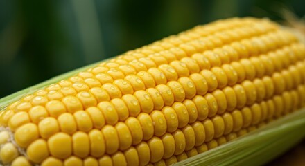 Close-up of an ear of corn with yellow kernels and green husk.
