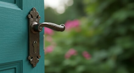 Intricate door fixture, slightly open painted door, blurred greenery, suggestion of outdoors, decorative element