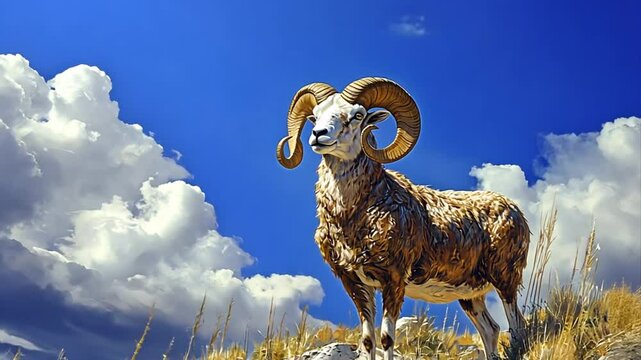 A majestic ram atop a sun-kissed hill with sweeping horns and a bright blue sky filled with fluffy clouds