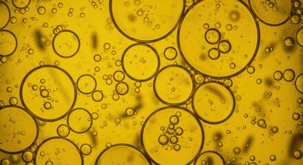 Oil droplets or bubbles in a yellow liquid close-up abstract background.