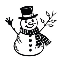 a cheerful snowman carrot nose  scarf vector art silhouette