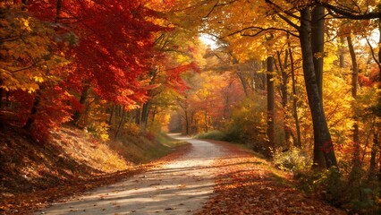 Obraz premium sunlit forest path with autumn leaves