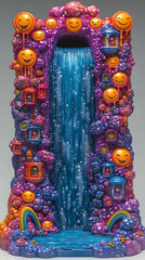 Fototapeta premium Vibrant, whimsical waterfall sculpture; swirling purple, pink, orange textures; cheerful faces and miniature houses adorn sides; cascading blue water