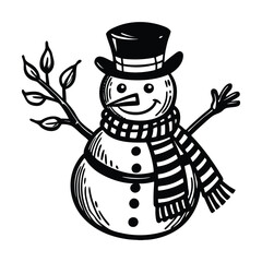 a cheerful snowman carrot nose  scarf vector art silhouette