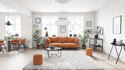 Bright living room with orange sofa