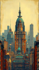 Naklejka premium A majestic, ornate skyscraper dominates a cityscape, its copper dome gleaming amidst surrounding buildings under a hazy sky