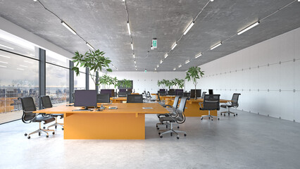 Modern office space with orange desks