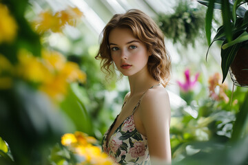 A Fashionable Model in a Floral-Printed Sundress Standing Gracefully in a Conservatory Surrounded by Exotic Blooming Flowers and Lush Greenery.