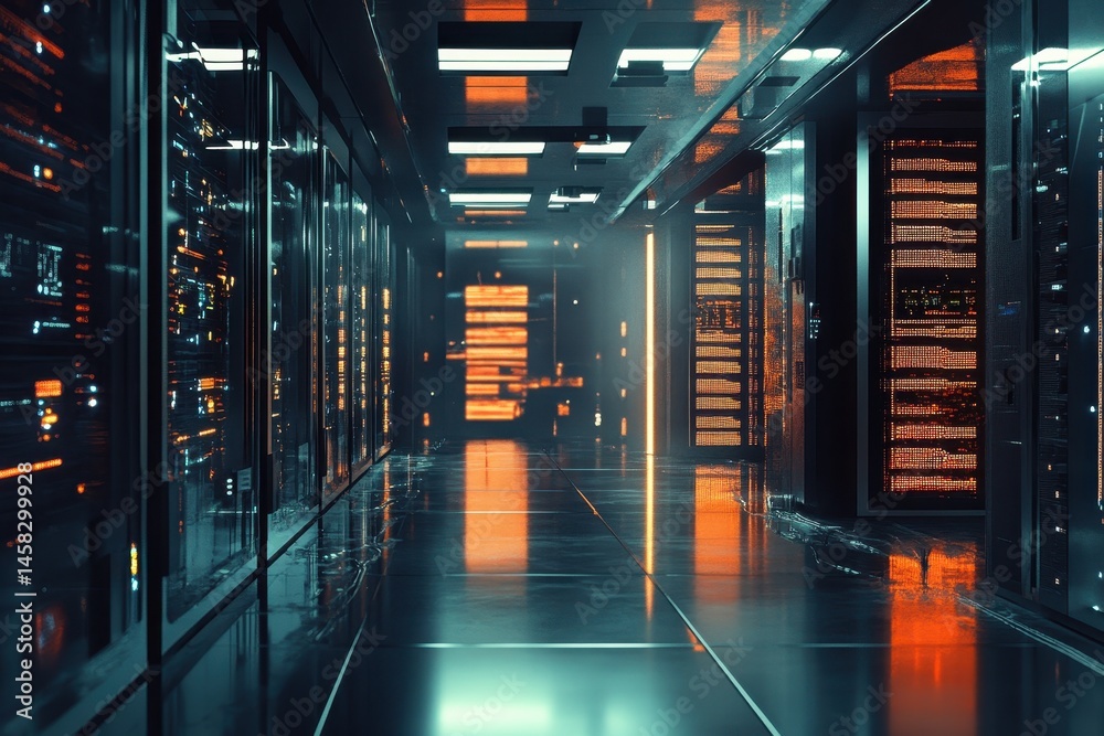 Poster futuristic data center with illuminated pathways and advanced server technology at twilight, futuris
