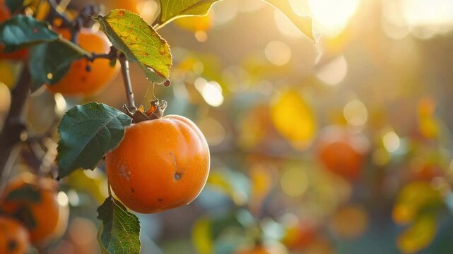 Ripe persimmon fruit hangs from branch, surrounded by vibrant leaves, basking in warm sunlight.