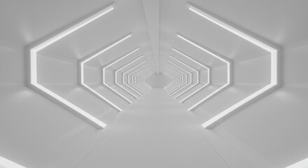 White corridor with geometric light fixtures, creating a futuristic tunnel effect.