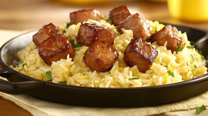 Delicious Glazed Meat Cubes on Yellow Rice Dish