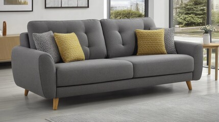 Modern gray upholstered sofa with accent pillows in a contemporary living room.