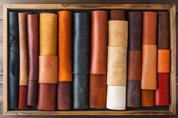 Assorted leather rolls in a wooden box  Various shades of brown, beige, and other colors of leather are neatly arranged on a wooden tray