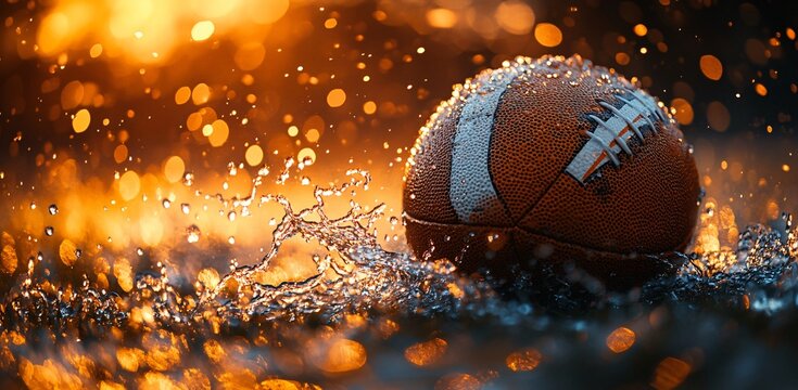 Dynamic rugby ball caught in net with golden light & bokeh. Energetic sports ad, vibrant, high-res. Ideal for sports marketing, team branding, or game promotion.
