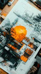 Urban cityscape sketch with a vibrant orange sun dominating the center, surrounded by grayscale buildings and industrial elements
