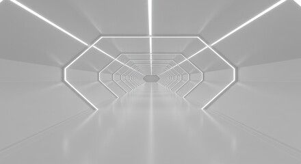 Abstract gray tunnel with geometric shapes and bright light perspective.